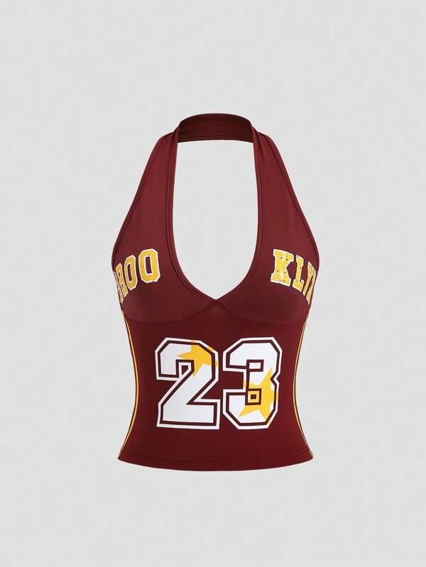 Sweetra Y2K Yin Yang Print Street Style Ribbed Panel Halter Neck Tank Top, Burgundy Athleisure Fabric