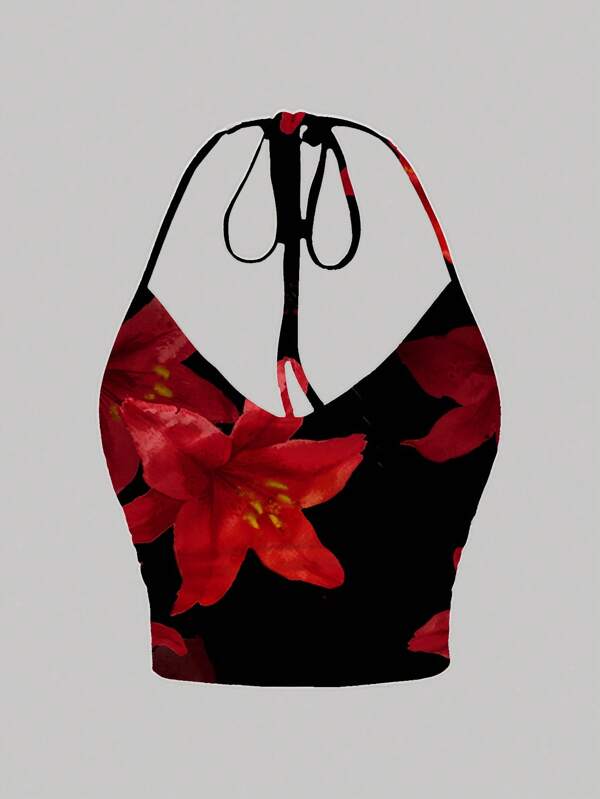 SHEIN EZwear Floral Crop Top Simple Casual Neckline Tie Strap Form-Fitting Versatile Blouse Suitable For Going Out