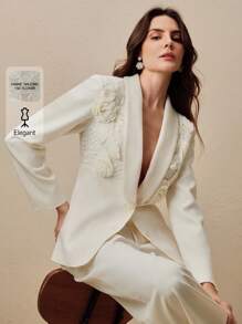 Anewsta 时尚优雅针织 3D 花朵图案女式西装裤和西装外套套装，适合办公室和休闲穿着