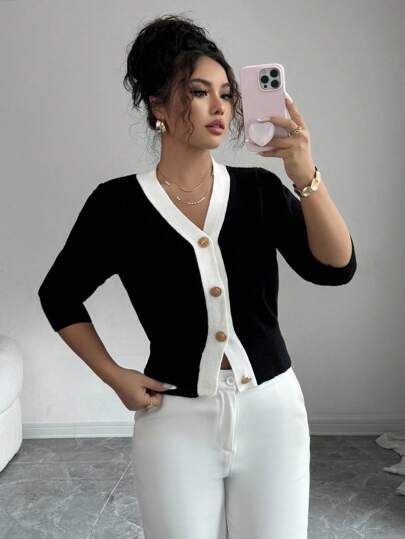 EMERY ROSE New V-Neck Cardigan For Women, Color Blocking, Versatile, Minimalist Fashion Knit Top