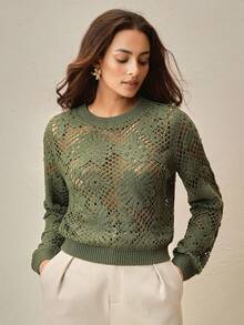 Anewsta Hollow Crochet Green Asymmetrical Floral Pattern Cropped Round Neck Sweater - Green - View 3