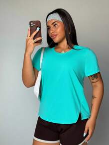 Top de sport à manches raglan de couleur unie pour femmes grande taille/Top de sport et t-shirt avec trou pour le pouce