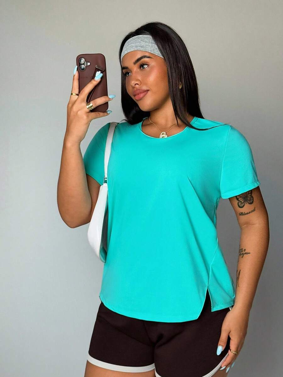 Top de sport à manches raglan de couleur unie pour femmes grande taille/Top de sport et t-shirt avec trou pour le pouce