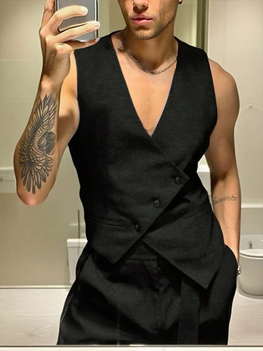 Manfinity Dauomo Men's Summer Business Casual Office Buttoned Pocket Top - Black - View 1