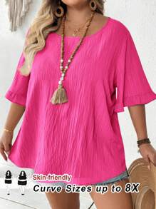 SHEIN CURVE+ 大码女式夏季衬衫，荷叶边短袖宽松下摆休闲上衣，适合日常/度假海滩毕业茶会 - 玫紅色 - 查看 1