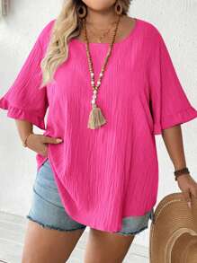 SHEIN CURVE+ 大码女式夏季衬衫，荷叶边短袖宽松下摆休闲上衣，适合日常/度假海滩毕业茶会 - 玫紅色 - 查看 6