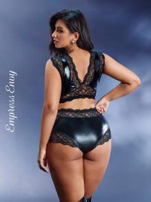 Empress Envy 2pcs Set Lace Patchwork PU Leather High-Waisted Panty, Strong Wrapping, Deep V-Neck, Wide Strap, Sexy Club Outfit, Party, Punk Style, Plus Size, Rave