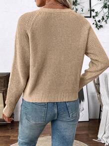 EMERY ROSE Versatile V-Neck Cardigan Sweater, Open Knit Outwear Loose Casual Minimalist Design, For Women Knitted Sweater Fall Winter Cloth For Women - Camel - View 2