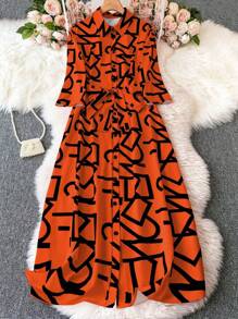SHEIN LUNE 大码女式几何印花纽扣衬衫裙配腰带，适合春夏季长款女装 - 橘色 - 查看 1