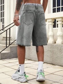 ROMWE MEN Street Life Men's Fashionable Rhinestone Button Pocket Denim Shorts For Summer - Grey - View 3