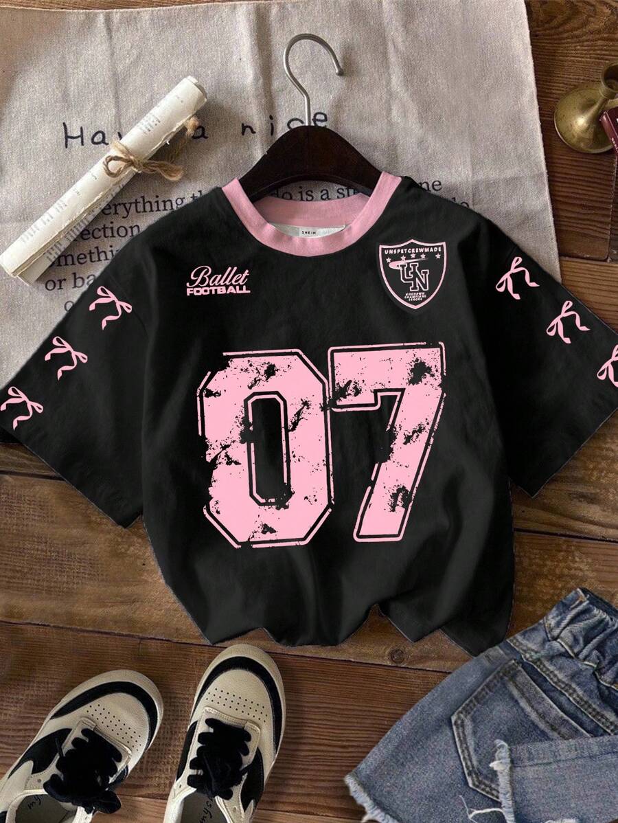 青少年女孩休闲简约时尚运动街头服饰，朋克风格，07号针织休闲系带数字字母印花黑色宽松T恤，适合夏季、返校季，上衣、衬衫、T恤、图案T恤，都市女孩美学青少年女孩芭蕾足球衫07号粉色和黑色T恤 - 彩色 - 查看 1