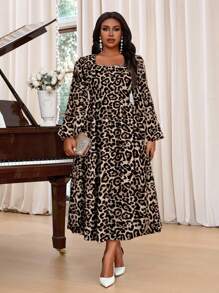 SHEIN Lady Vestidos de talla grande de primavera y verano, elegantes, de oficina y de uso casual, de estilo bohemio con estampado de leopardo de colores, con cuello cuadrado y cuello con volantes, de manga larga.