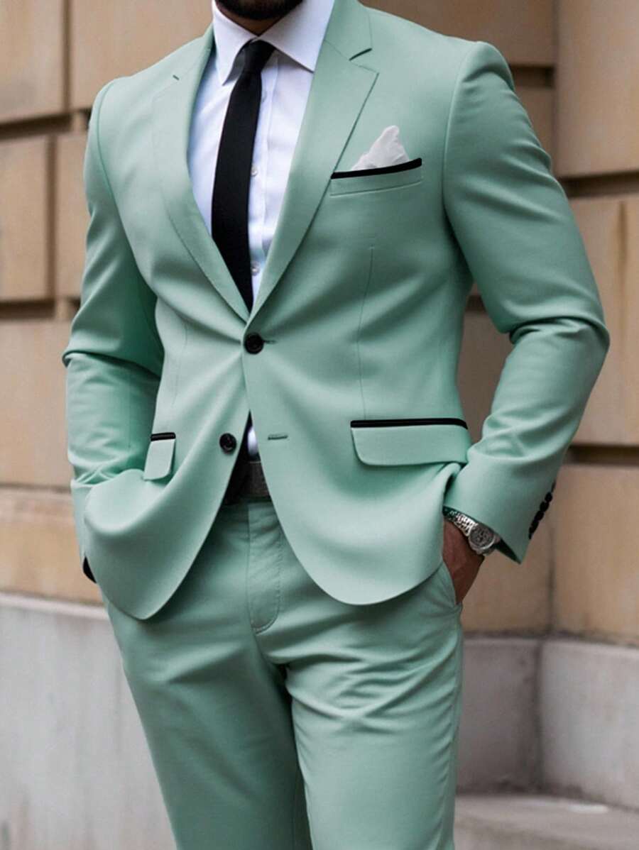 Manfinity Mode 大码男士纯色翻领长袖西装外套和裤子休闲套装 - 薄荷綠 - 查看 1
