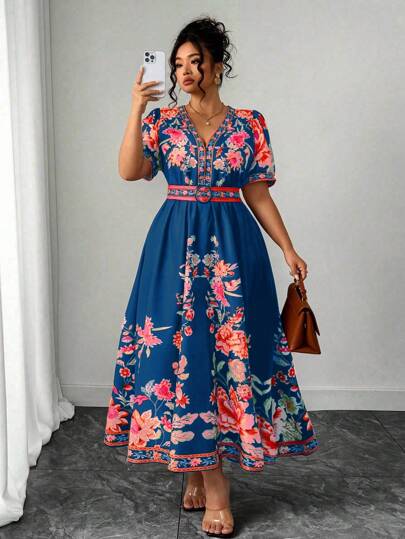 Elenzga Plus Size Women's Fashionable Versatile Thai Maldives Vacation Beach Holiday Bohemian Printed Tie Waist V-Neck Cap Sleeve Dress, Spring Summer