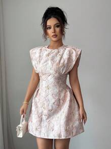 Elenzga 女士优雅提花腰系带盖袖夏季连衣裙 - 粉色 - 查看 6