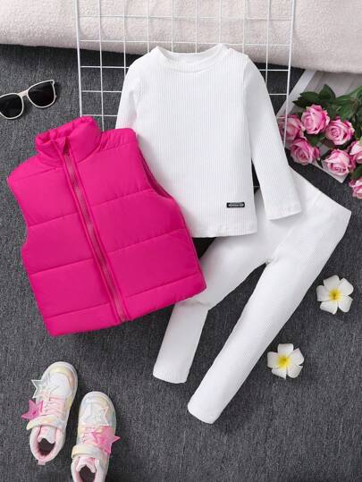Sparklyn Young Girls Basic Versatile Streetwear White Cropped Padded Vest + Purple Ribbed Crew Neck Long Sleeve T-Shirt + Leggings Sets, Suitable For Winter, Casual, Homewear, Daily Outing, School, Family Gathering, Street, Sports Fall