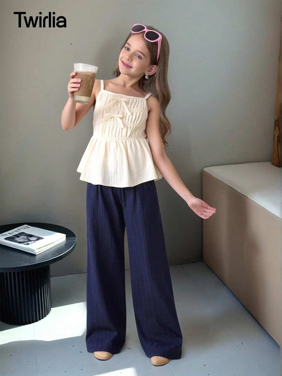 SHEIN 2 件套春夏青少年女孩休闲甜美可爱纹理褶皱宽松背心和阔腿裤套装，适合日常通勤、度假、休闲装 - 杏色 - 查看 1