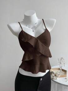 Elamini 女式夏季休闲纯色荷叶边吊带上衣 - 棕色 - 查看 4