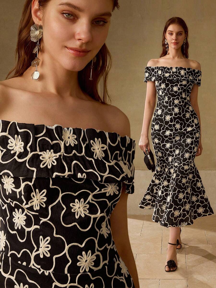 MOTF PREMIUM 绳绣露肩休闲度假优雅日常黑白鱼尾修身中长款女士连衣裙 - 黑色 - 查看 1