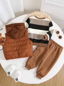 SHEIN 3pcs/Set Baby Boy/Girl Casual Cute Khaki Fleece Jacket Vest Outerwear, Khaki & Brown Striped Sweatshirt And Pants Set, Unisex Baby Clothes, Baby Winter Clothes, Halloween Costume Fall