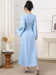 Yasmyna 女式阿拉伯风格提花腰带连衣裙 - 藍色 - 查看 6