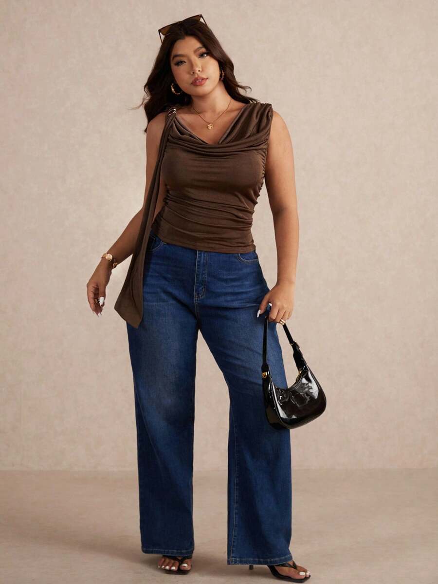 Elaquor 大码女式纯色荷叶边垂领时尚衬衫