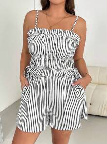 SHEIN Essnce 大码女装夏季两件套、短裤套装、女士休闲套装、女士夏季服装、女士露背上衣、条纹童装 - 黑與白 - 查看 7