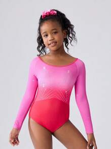 SHEIN 青少年女孩体操和芭蕾舞高弹亮片渐变色长袖紧身衣舞蹈服运动服表演服，适合所有季节 - 彩色 - 查看 3