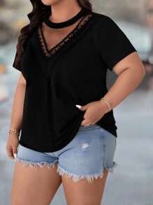 SHEIN CURVE+ Plus Size Round Neck Lace Patchwork Mesh Sleeve T-Shirt