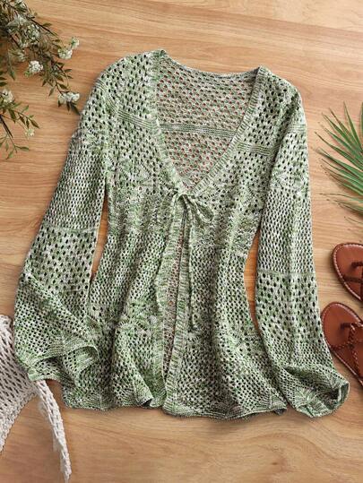 Breezaya Women Casual Hollow-Out Mixed Knit Cardigan, Resort Wear Fall Winter Cloth For Women