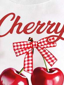 SHEIN Playful Pals 2 件套年轻女孩休闲樱桃蝴蝶结印花针织运动衫和牛仔裤套装，适合秋季/春季