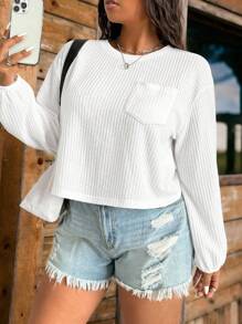 SHEIN EZwear Camiseta de manga larga de talla grande, casual y sencilla, de tejido tipo waffle a cuadros, para otoño/invierno - Beis - Ver 1
