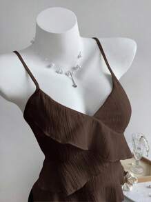 Elamini 女式夏季休闲纯色荷叶边吊带上衣 - 棕色 - 查看 6