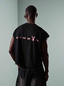 PLAYBOY X SUMWON 夏季节日肌肉背心兔子图案街头潮流都市时尚做旧印花复古风格男士背心 - 黑色 - 查看 1