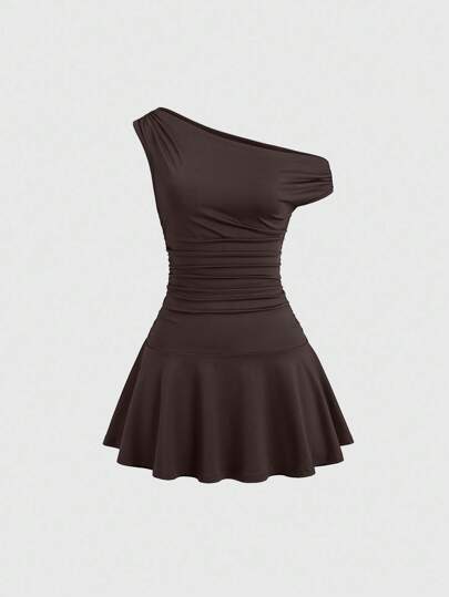 Sweetra 女士优雅通勤不对称领纯色迷你连衣裙