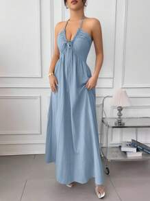 Rafferiza Halter Tie Back Hollow-Out A-Line Dress - Blue - View 6
