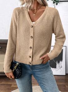 EMERY ROSE Versatile V-Neck Cardigan Sweater, Open Knit Outwear Loose Casual Minimalist Design, For Women Knitted Sweater Fall Winter Cloth For Women - Camel - View 6