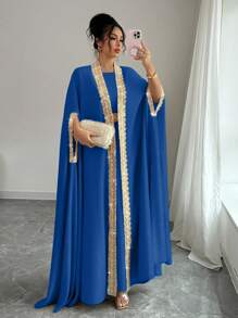 Chiquease 2pcs/Set Women Elegant Ribbon Decor Long Robe & Dress Clothes For University - Navy Blue - View 7