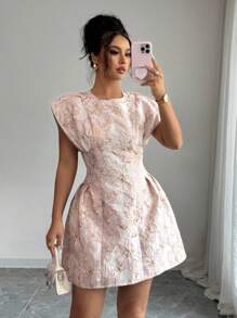 Elenzga 女士优雅提花腰系带盖袖夏季连衣裙 - 粉色 - 查看 1