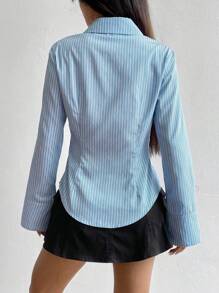 Flirla 休闲条纹长袖修身衬衫 - 淺藍色 - 查看 2