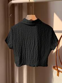 Comfortcana Plus Size Women's Black Textured Casual Fashionable Versatile Short Sleeve Shirt,Back To School - Black - View 2