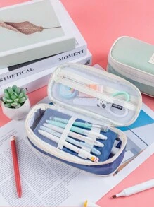 1Pc 10*25cm Large Capacity Canvas Zipper Pencil Bag Pencil Case, Student Study Supplies Office Supplies, Expandable Pencil Case Storage Bag, Multi-Functional Creative Student Gift Cosmetic Bag Travel Bag Back To School, Six Colors Optional,Back To School,School Supplies - Multicolor - View 9