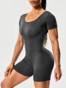 Seamluxe SHEIN Sport Plain Backless Fitted Jumpsuit Shorts, Fitness Romper, Open Back Gym Top