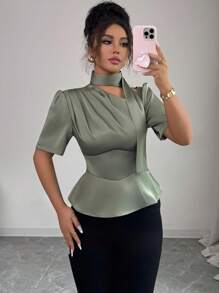 Selianne Women's Sage Green Elegant Summer Satin Blouse,Brunch Afternoon Tea Party Office Shoulder Cutout Gathered Waist A-Line Ruffle Puff Sleeve Shirt Top - Green - View 1