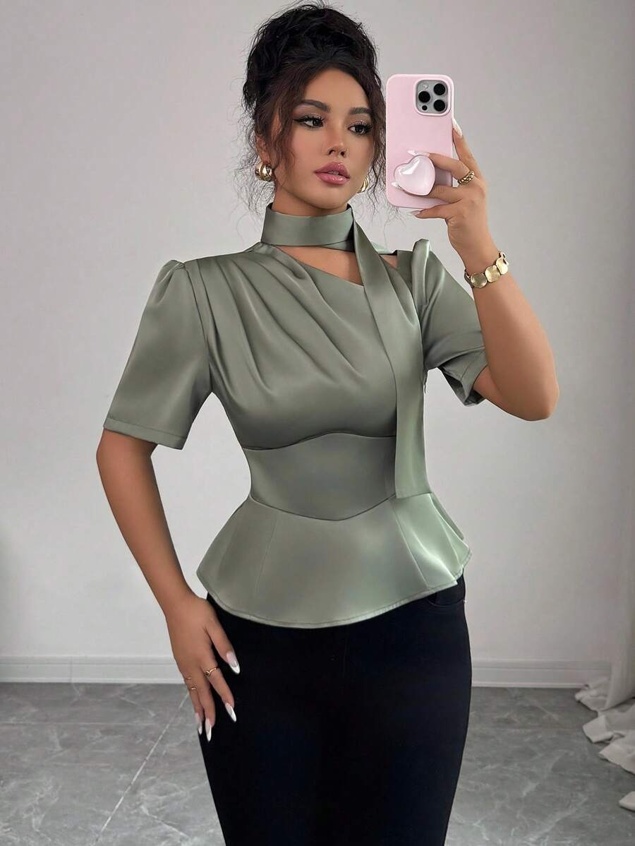 Selianne Women's Sage Green Elegant Summer Satin Blouse,Brunch Afternoon Tea Party Office Shoulder Cutout Gathered Waist A-Line Ruffle Puff Sleeve Shirt Top - Green - View 1