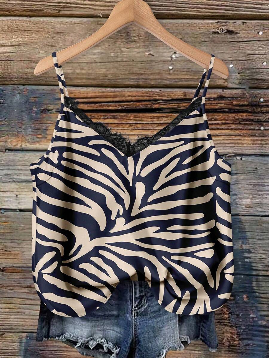 EMERY ROSE Casual Elegant Style Colorblock Zebra Stripe & Floral Print Lace Camisole Top, Suitable For Summer Layering Cami Animal Trim