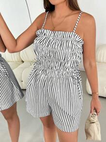 SHEIN Essnce 大码女装夏季两件套、短裤套装、女士休闲套装、女士夏季服装、女士露背上衣、条纹童装 - 黑與白 - 查看 5