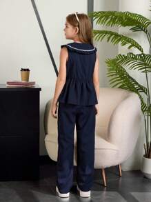 Girls' Navy Blue Sleeveless Casual Suit, Countryside Cute Style - Navy Blue - View 2
