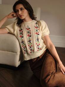 MOTF PREMIUM 刺绣花卉图案泡泡袖短袖麻花针织上衣 针织套头衫 秋冬 - 杏色 - 查看 6