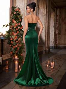 Glamrae Elegant Luxury Embroidered Lace Sequin Applique Mesh Splice Elastic Satin Ruched Mermaid Skirt, Sexy High Split Mermaid Skirt With Train, Suitable For Weddings, Parties, Galas, Formal Events (Heavy Duty) - Dark Green - View 3